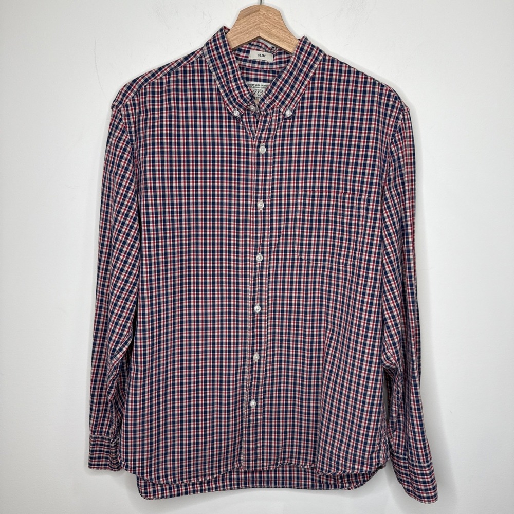 J.Crew Button Down Plaid Shirt Mens‎ Larg Slim Secret Wash Organic Cotton Grunge